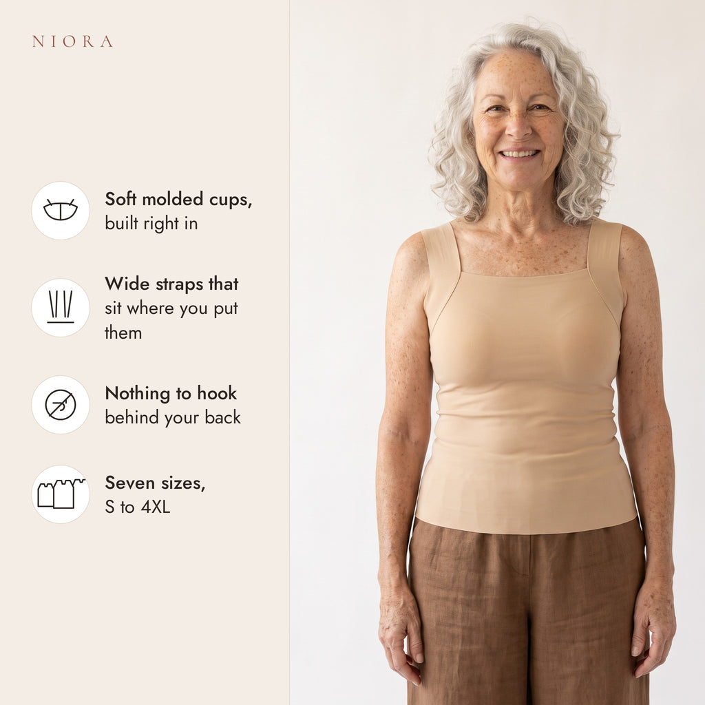 NIORA tank features: soft molded cups, wide straps, nothing to hook, sizes S to 4XL
