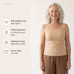 NIORA tank features: soft molded cups, wide straps, nothing to hook, sizes S to 4XL