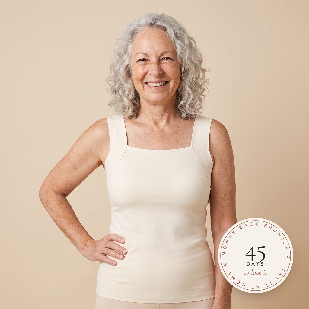 NIORA tank in white with the 45-day money-back promise