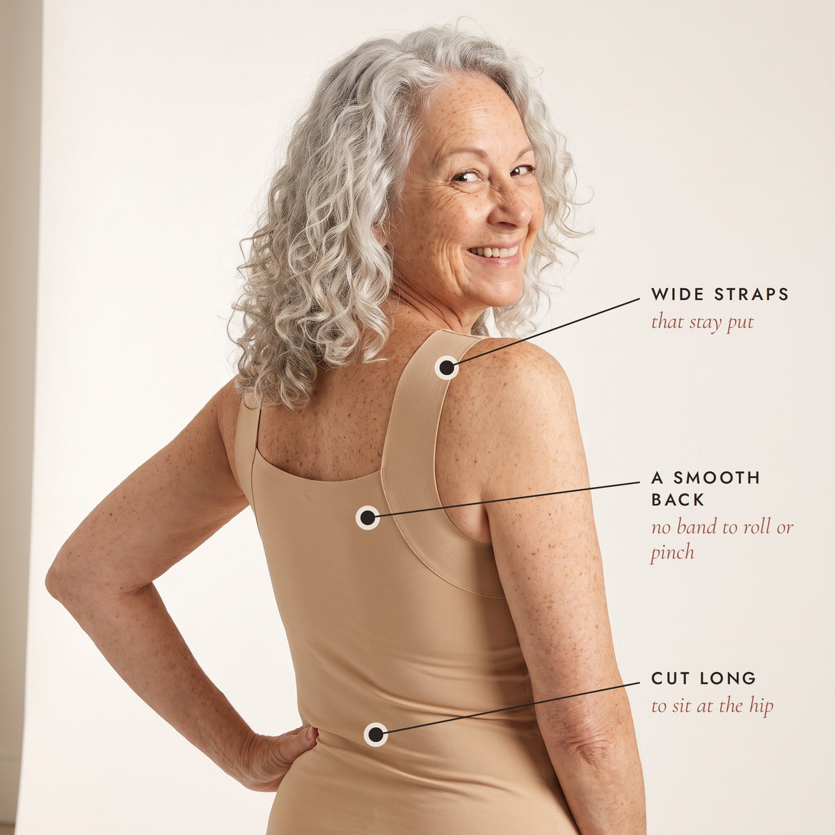 Back view of the NIORA tank with callouts: wide straps, smooth back, cut long