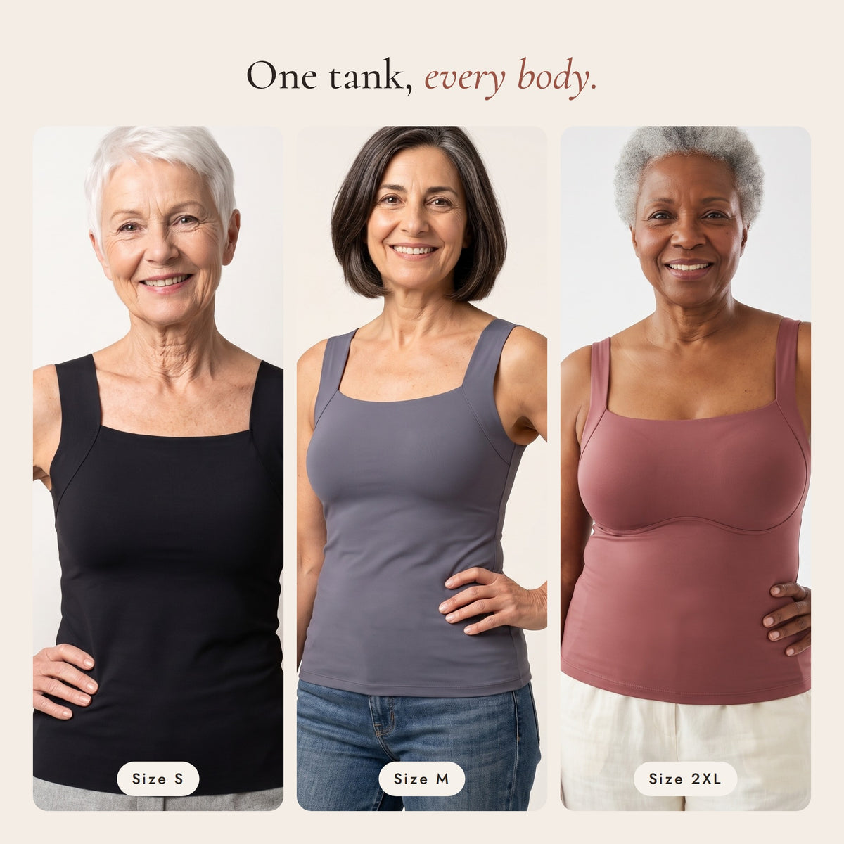 Three women in sizes S, M and 2XL wearing the NIORA tank